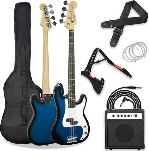 3rd-avenue-e-bass-set-anfaenger 3rd Avenue E-Bass Set in Blau mit Tasche, Verstärker, Gurt, Kabel, Ständer und Ersatzsaiten – perfekt für Anfänger, die einen E Bass kaufen möchten