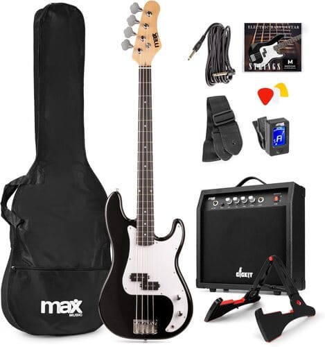 E-Bass Set kaufen MAX GigKit E-Bass Set mit Tasche, Verstärker, Ständer, Gurt, Plektren, Kabel und Stimmgerät – ideal für Anfänger, die ein vollständiges E Bass Set kaufen möchten