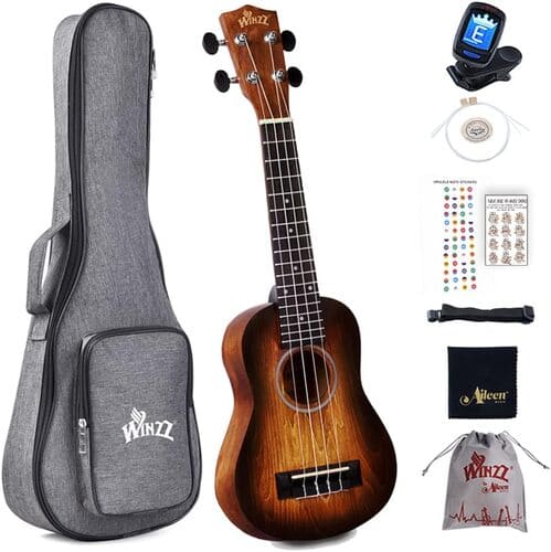 Sopran Ukulele kaufen Winzz Sopran Ukulele Set mit Tasche, Stimmgerät, Griffbrett-Stickern und Zubehör.